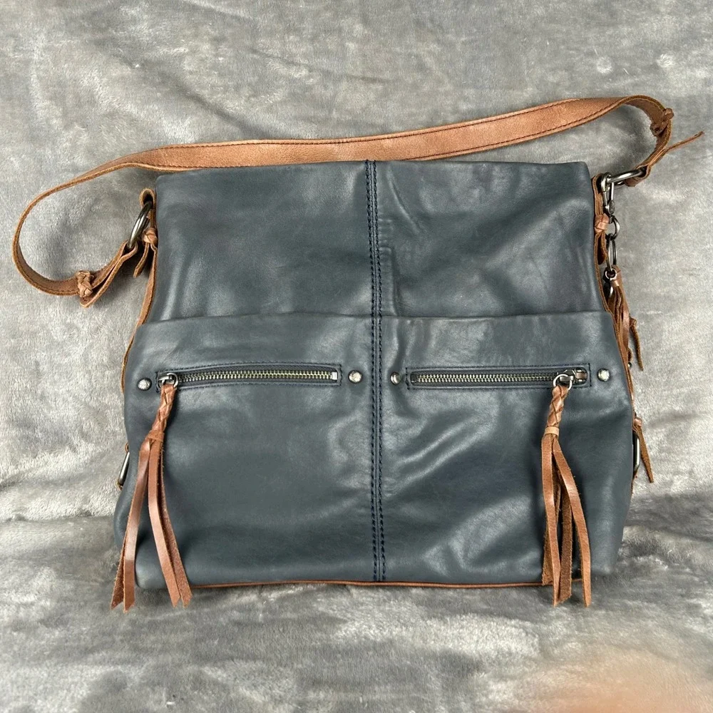 The Sak Ashland Leather Hobo Bag Slate Blue Tan Tassel Shoulder Bag‎ 1000076252